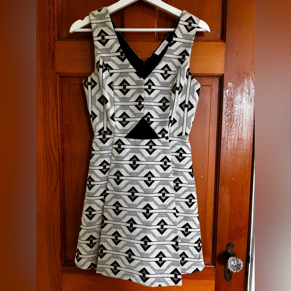 Sleeveless Black and White Geometric Fit-and-Flare Dress